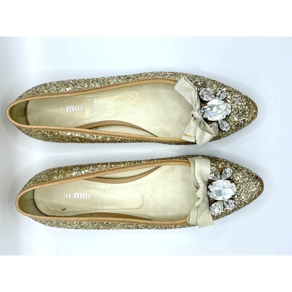 MIU MIU Gold Glitter Flat Shoes with Rhinestone Women's Size EU 36.5 GUC